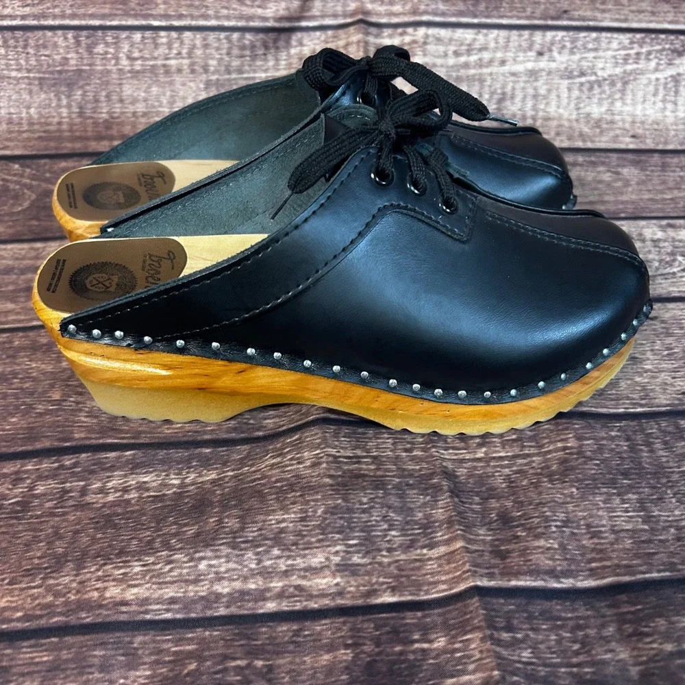 Troentorp of Sweden Audubon Black Leather Lace Up Wooden Clogs Mules Womens 38 - Picture 2 of 12